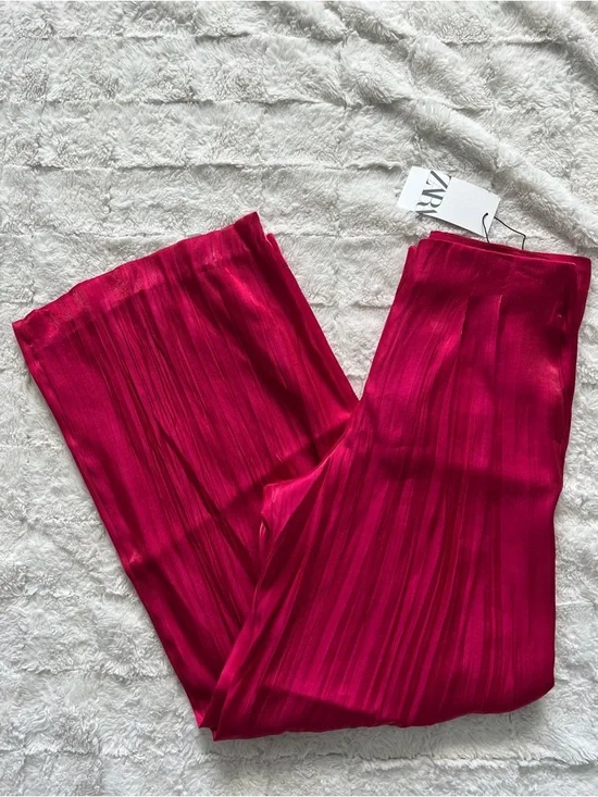 Zara NEW Crinkle Satin Blazer and Wide Leg Trousers SET Fuchsia Pink XS Shiny - Picture 8 of 15